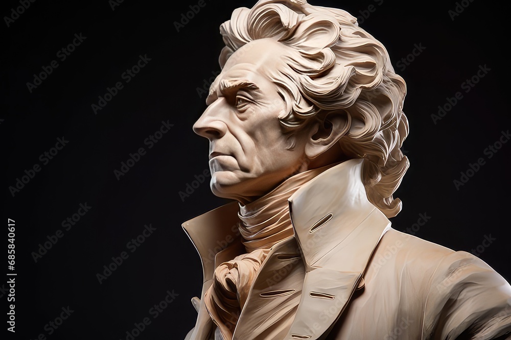 Marble statue of Thomas Jefferson. He acquired the Louisiana Purchase, reduced the national debt, and established the Lewis and Clark Expedition