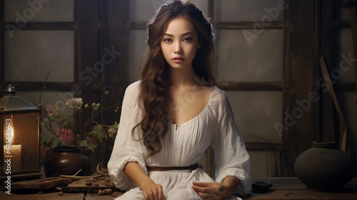 young Asian woman in white dress on a table, in the style of jessica drossin, uhd image, qiu shengxian, mary beale, light black and dark amber, cabincore, ferrania p30 photo