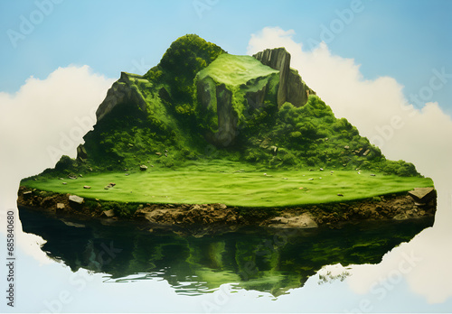 flying island, green floating island, green grass