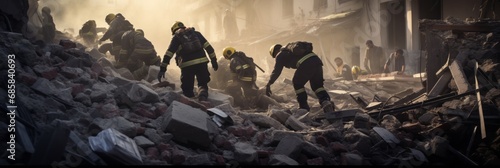 Rescuers search for survivors under the rubble of destroyed houses after powerful earthquake, banner photo