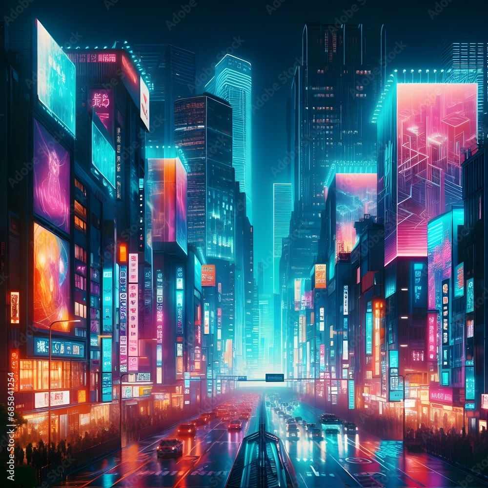 neon lights and holographic billboards illuminate the night sky. The cityscape is alive - obrazy, fototapety, plakaty 