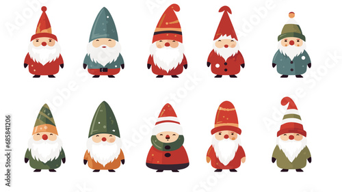 simple vector illustration set, isolated on a white background, Free vector hand drawn flat christmas gnomes collection. Vector element for christmas card, christmas invitation.