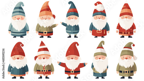 simple vector illustration set, isolated on a white background, Free vector hand drawn flat christmas gnomes collection. Vector element for christmas card, christmas invitation.