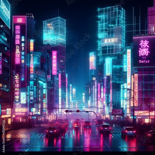 neon lights and holographic billboards illuminate the night sky. The cityscape is alive