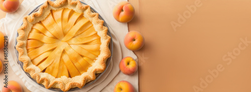 horizontal banner, peach pie, ripe apricots, fruit homemade cakes, place for text photo