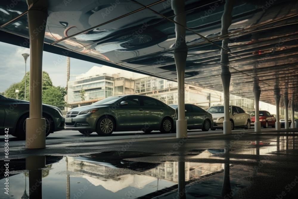 Cars parked under a canopy in a parking lot. Suitable for car park or vehicle storage concepts.
