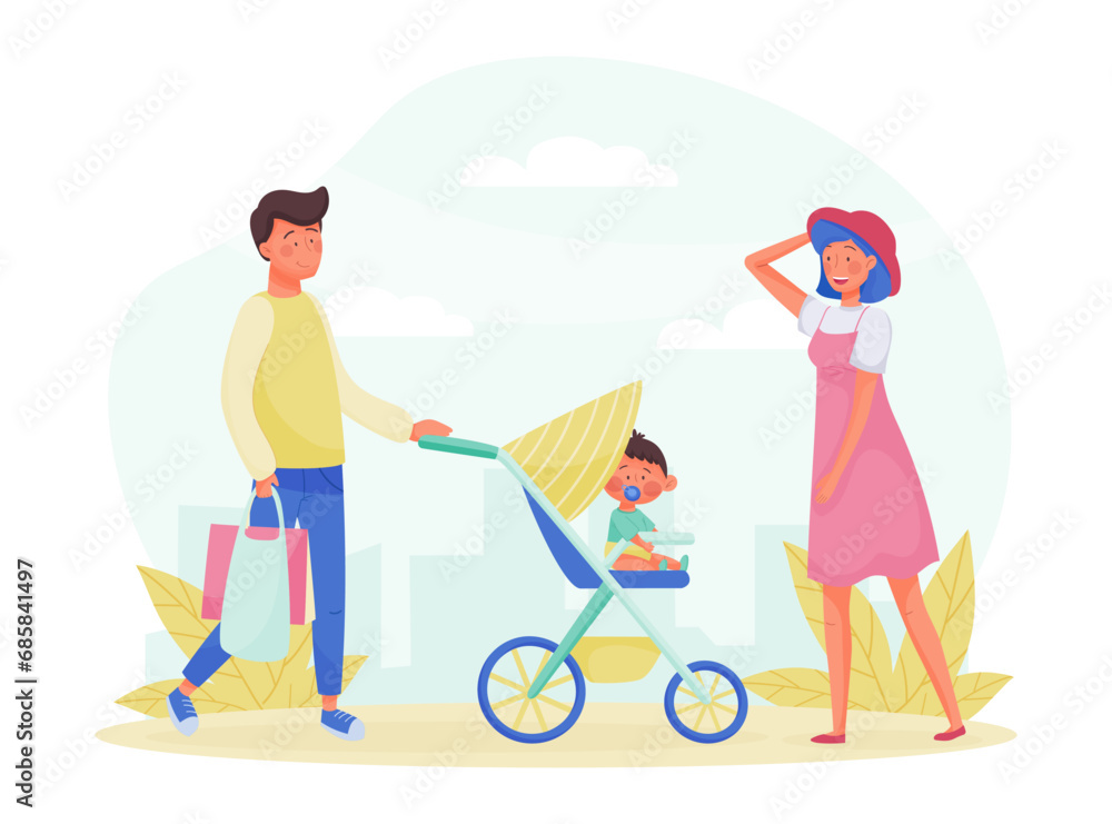 Happy Man and Woman Mother and Father Strolling with Baby Carriage in Park Vector Illustration