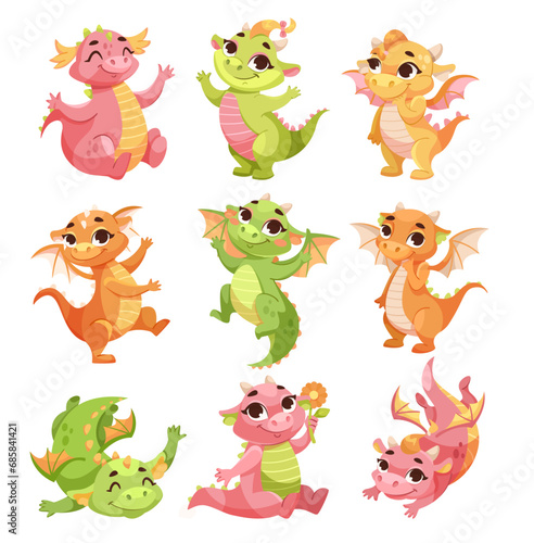 Fairy Baby Dragon as Winged and Horned Legendary Creature Vector Illustration Set