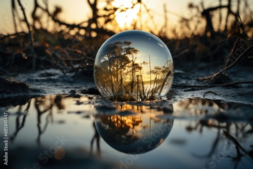 A glass ball sitting on top of a puddle of water.  © Ева Поликарпова