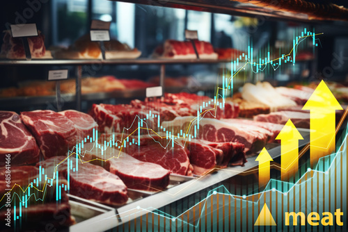 Various meat products in a display case overlaid with stock market analysis charts