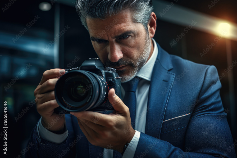 A man in a suit capturing a moment with his camera. This image can be used to represent photography, technology, or professional work. A man in a suit capturing a moment with his camera. This image can be used to represent photography, technology, or professional work.
