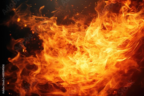 A close-up view of a fire burning brightly against a black background. This image can be used to depict warmth, energy, power, or destruction. It is suitable for various projects and designs.