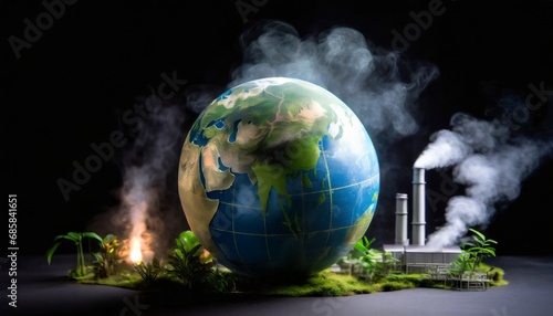 Planet Earth model with a fossil fuel factory destroying and polluting the environment with smoke. Environmental issues concept.