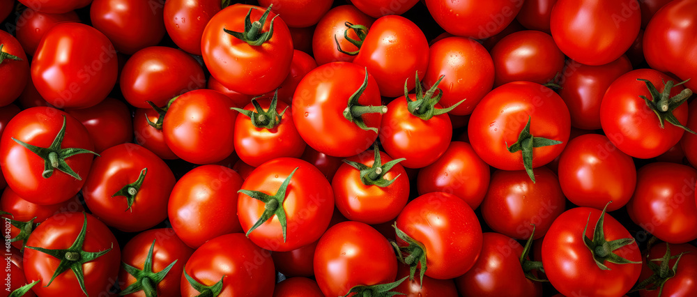 Group of ripe red tomatoes, closeup detail from above. Generative AI Group of ripe red tomatoes, closeup detail from above. Generative AI
