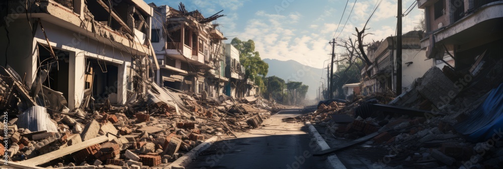 Destroyed houses after a powerful earthquake, city streets littered with stone and concrete, banner