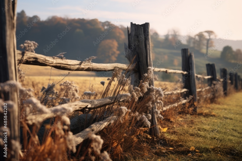 A picture of a wooden fence standing in the middle of a field. This image can be used to represent rural landscapes, agriculture, or the concept of boundaries.