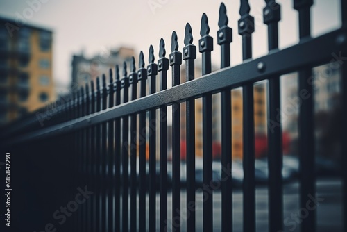 A picture of a black iron fence with buildings in the background. This image can be used to depict urban landscapes or architectural elements.