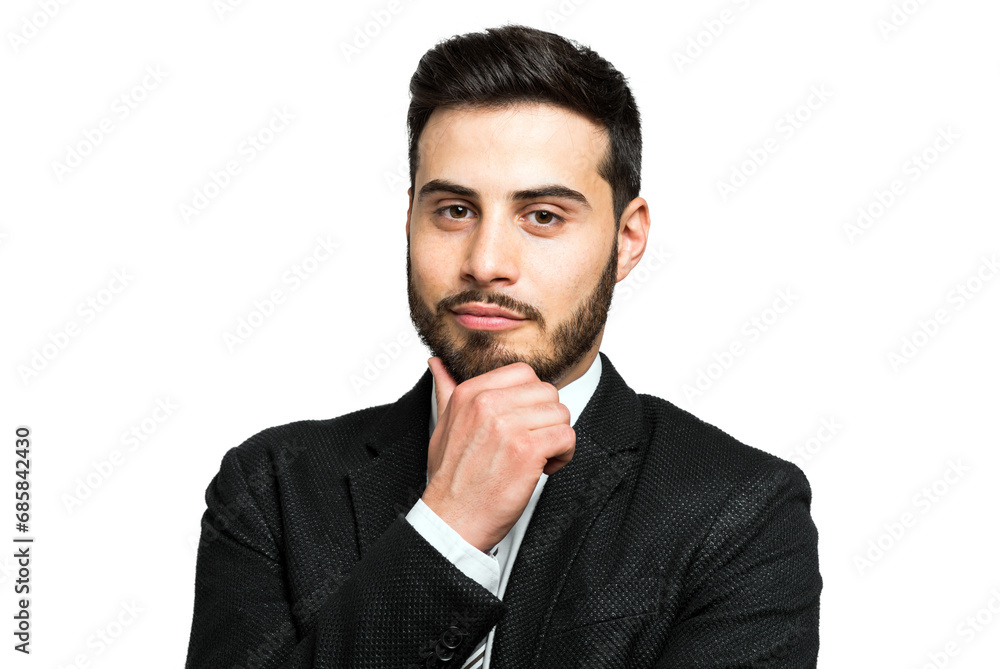 Portrait of a thoughtful young businessman with a hand on his ch Portrait of a thoughtful young businessman with a hand on his ch
