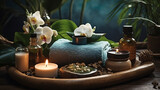 Spa salon composition in wellness center. Spa still life background with aromatic candle, orchid flowers, massage oil and towel. Beauty spa treatment and relax. Relaxing background. Massage room