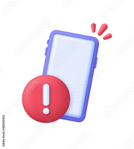 3D Alert message in phone illustration. Smartphone with exclamation sign. Mobile phone alert notification.