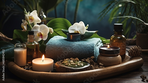 Spa salon composition in wellness center. Spa still life background with aromatic candle, orchid flowers, massage oil and towel. Beauty spa treatment and relax. Relaxing background. Massage room