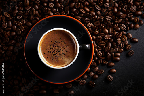 Cup with fresh hot black coffee and roasted beans on black background. Cup of fresh made coffee on dark background. Espresso coffee. Top view, copy space. © Vladimir Sazonov