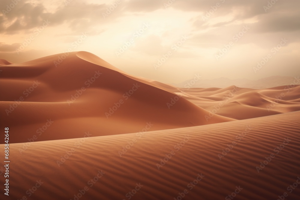 The sun is shining brightly over the beautiful sand dunes, creating a stunning landscape. This image can be used to depict the beauty of nature and the tranquility of desert landscapes.
