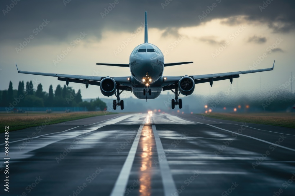 A large jetliner is shown taking off from an airport runway. This image can be used to depict air travel, transportation, or the excitement of embarking on a journey. A large jetliner is shown taking off from an airport runway. This image can be used to depict air travel, transportation, or the excitement of embarking on a journey.