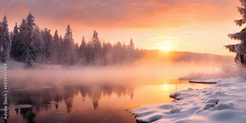 The beautiful sunrise in winter with a peaceful and magnificent scene. The entire scenery gives a feeling of tranquility, calmness and calmness, immersing them in the beauty of nature