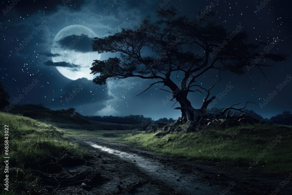 Obraz premium A dirt road with a tree on the side. This image can be used to depict a rural or countryside setting.