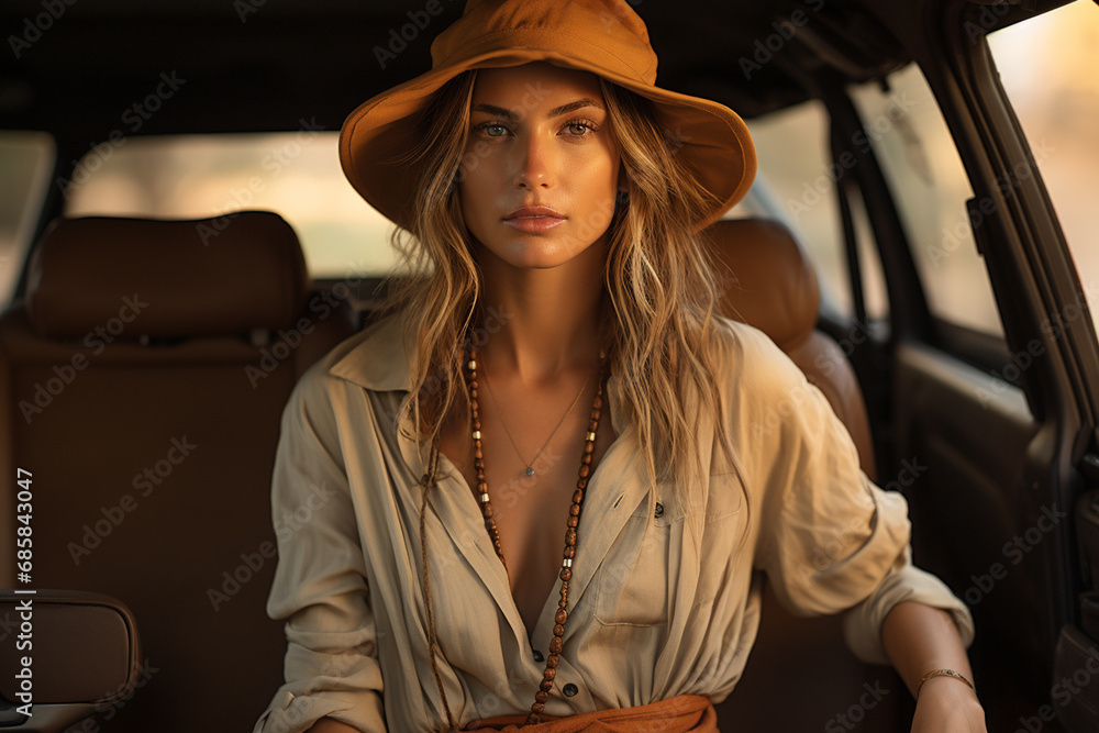 Woman in hat as explorer in desert with car on background Woman in hat as explorer in desert with car on background