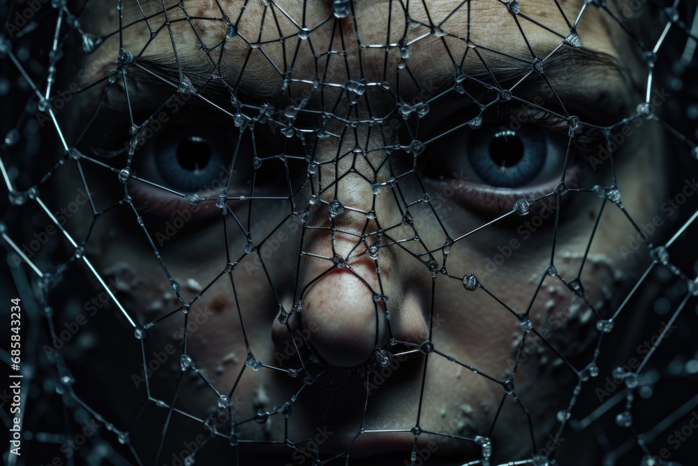 A detailed close-up of a person's face captured from behind a wire fence. A detailed close-up of a person's face captured from behind a wire fence.