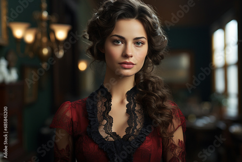 Portrait of young stylish and luxury woman in 1800s clothes style © Simonforstock