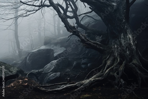 A serene image of a tree surrounded by fog in a forest, with rocks and other trees in the background. Perfect for nature-themed projects or for creating a mysterious atmosphere in designs