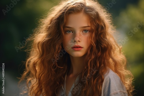 A young girl with long red hair and beautiful blue eyes. This image can be used for various purposes, such as advertising, beauty campaigns, or representing youth and innocence