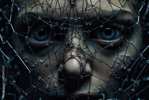 A detailed close-up of a person's face captured from behind a wire fence. 