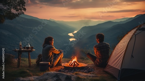 Camping in the mountains. A girl and a guy are sitting by the fire. In the background are tents, forest, mountains