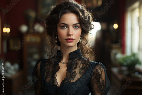 Portrait of young stylish and luxury woman in 1800s clothes style
