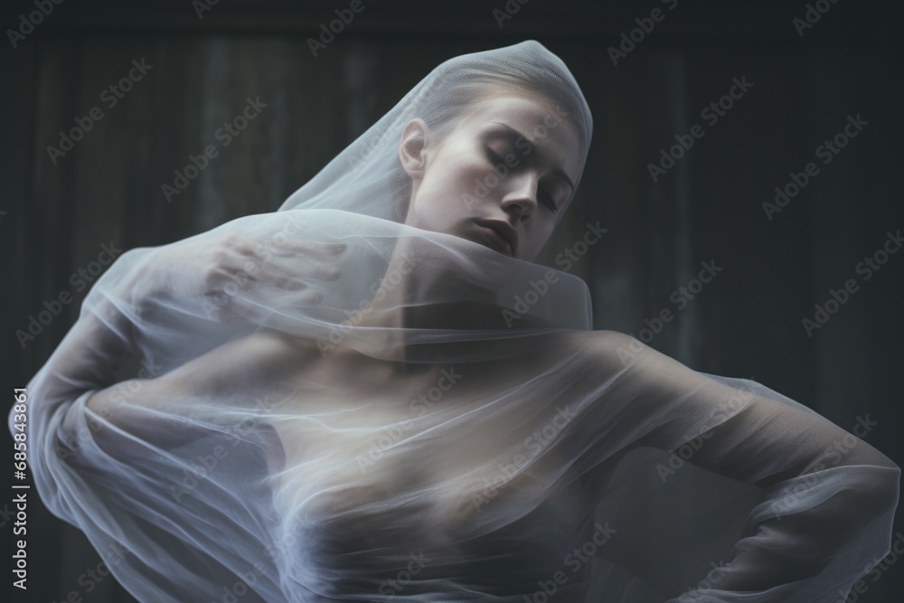 A woman wearing a veil over her head. This image can be used to depict mystery, tradition, or cultural diversity A woman wearing a veil over her head. This image can be used to depict mystery, tradition, or cultural diversity