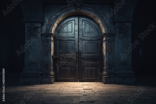 A picture of a dark room with two wooden doors and a brick floor. 