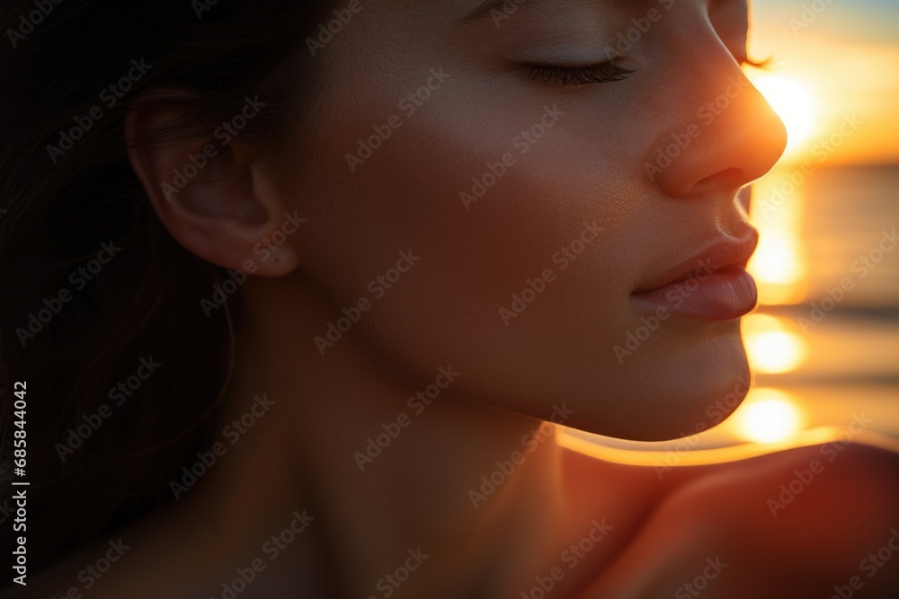 A woman with her eyes closed against a beautiful sunset backdrop. A woman with her eyes closed against a beautiful sunset backdrop.