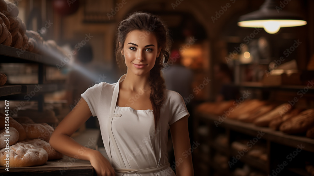 Young beautiful woman in apron in bakery, blurred background