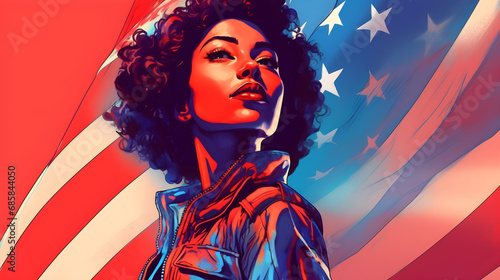 Mujer americana con bandera de USA poder y libertad derechos humanos grandeza