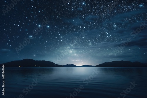 A stunning image of a night sky filled with twinkling stars reflecting on the calm surface of a body of water. Perfect for capturing the beauty of nature and the tranquility of the night. © Ева Поликарпова