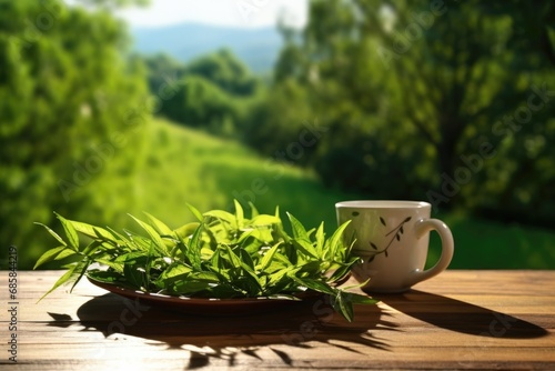 A simple and inviting image of a cup of tea placed on a wooden table. This versatile picture can be used in various contexts, from cozy home settings to cafes and restaurants
