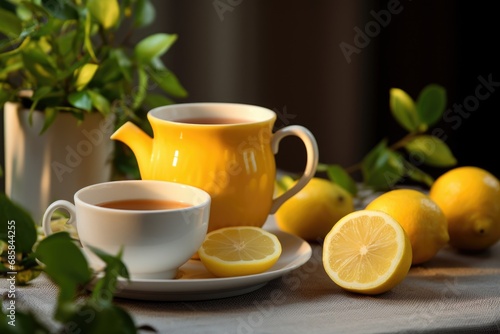 A simple and refreshing cup of tea with sliced lemons placed on a table. Perfect for adding a touch of zest to your day
