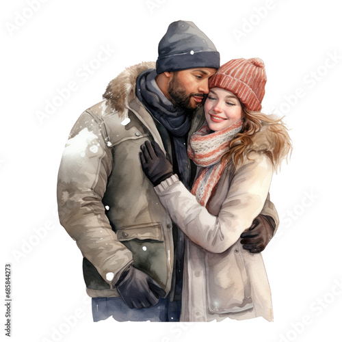 Watercolor Romantic Couple Portrait. Winter Loving Couple Clipart. Winter Couple Concept. Watercolor Loving Couple Illustration.