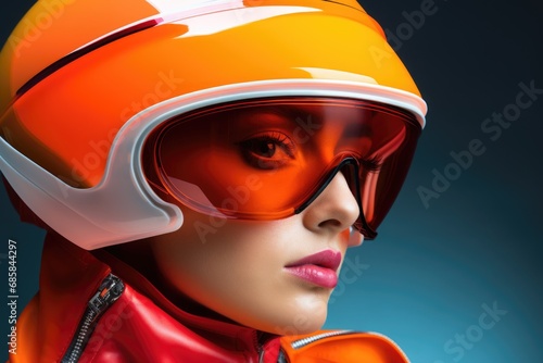 A woman wearing a helmet and goggles. This image can be used to depict safety, protection, or a person engaged in a sport or activity that requires headgear © Ева Поликарпова