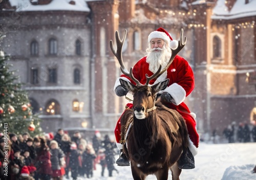 Digital painting illustration of Santa Claus riding a reindeer through the heart of a European city on a beautiful winter day. Clad in a red suit, Santa brings festive cheer amidst the urban landscape © stockcrafter