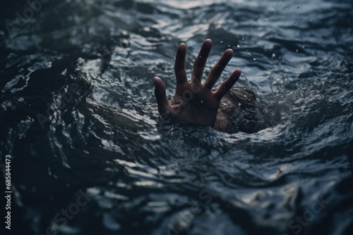 A person's hand is poking out of the water. This image can be used to depict themes of rescue, drowning, survival, or mystery